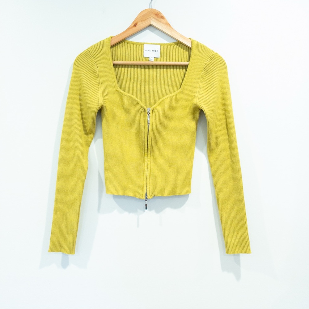 Pink Rose Yellow Green Ribbed Double Zip Crop Sweetheart Neckline Sweater XS